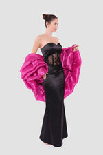 Load image into Gallery viewer, Carmen Black Corset Satin And Lace Maxi Dress With Vibrant Pink Organza Shoulder Piece
