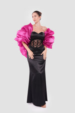 Load image into Gallery viewer, Carmen Black Corset Satin And Lace Maxi Dress With Vibrant Pink Organza Shoulder Piece
