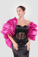 Load image into Gallery viewer, Carmen Black Corset Satin And Lace Maxi Dress With Vibrant Pink Organza Shoulder Piece
