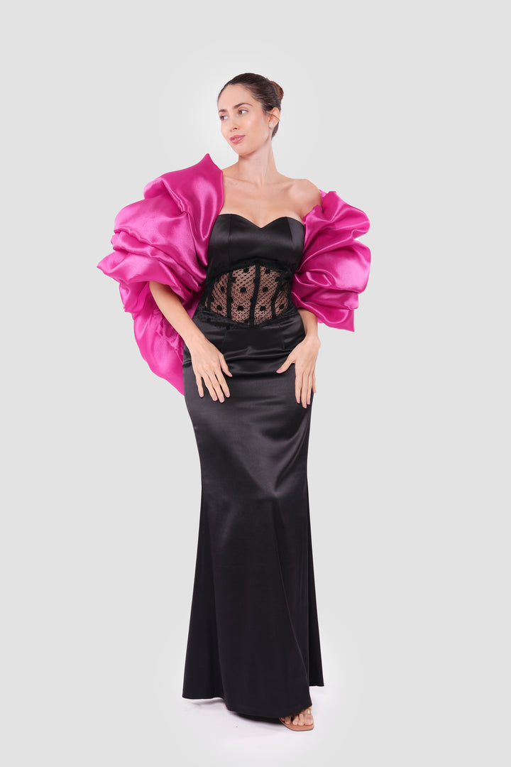 Carmen Black Corset Satin And Lace Maxi Dress With Vibrant Pink Organza Shoulder Piece