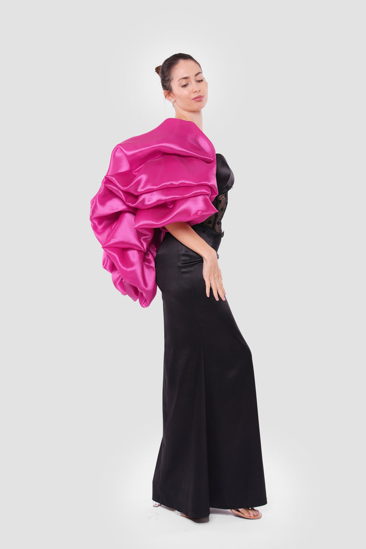 Carmen Black Corset Satin And Lace Maxi Dress With Vibrant Pink Organza Shoulder Piece