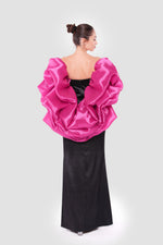 Load image into Gallery viewer, Carmen Black Corset Satin And Lace Maxi Dress With Vibrant Pink Organza Shoulder Piece
