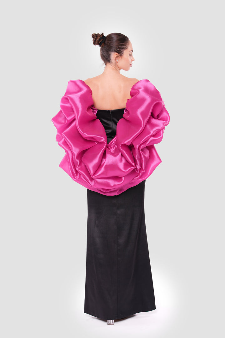 Carmen Black Corset Satin And Lace Maxi Dress With Vibrant Pink Organza Shoulder Piece