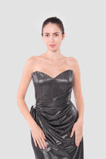 Load image into Gallery viewer, Seleneya Black Glitter Fabric Strapless Corset Maxi Dress
