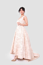 Load image into Gallery viewer, Ria Champagne Gold Brocade Sleeveless Gown

