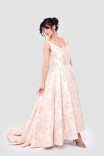 Load image into Gallery viewer, Ria Champagne Gold Brocade Sleeveless Gown
