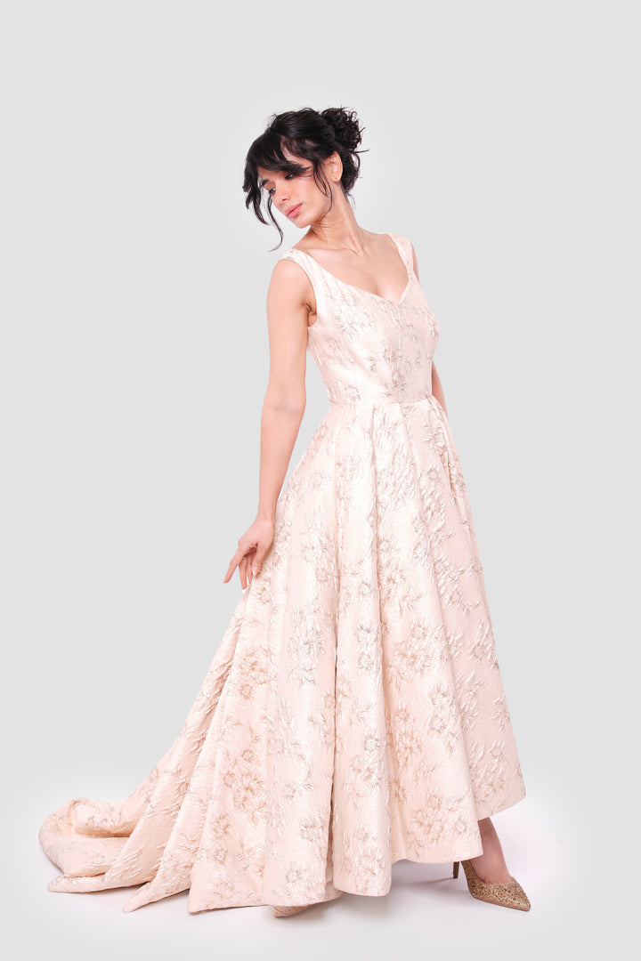 Ria Champagne Gold Brocade Sleeveless Gown