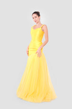 Load image into Gallery viewer, Aria Daffodil Yellow Satin Corset Maxi Dress With Tulle Asymmetric Clash

