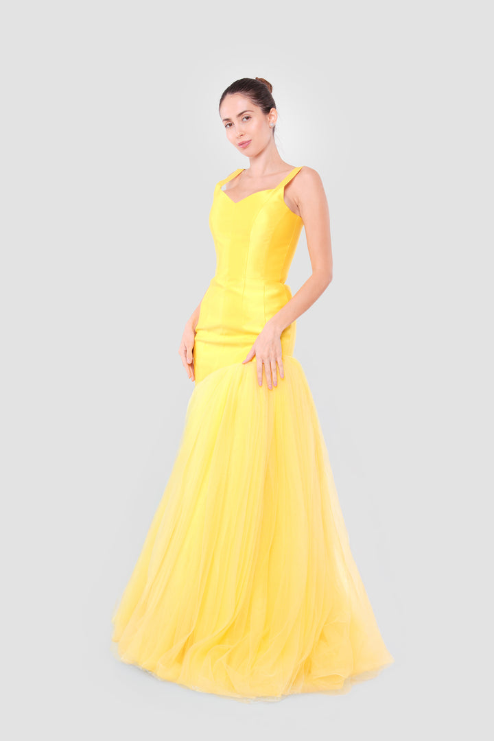 Aria Daffodil Yellow Satin Corset Maxi Dress With Tulle Asymmetric Clash