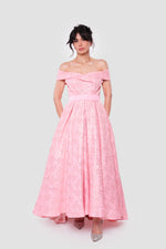 Load image into Gallery viewer, Isla Coral Pink Jacquard With Gold Floral Patterns Strapless Maxi Dress
