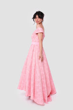 Load image into Gallery viewer, Isla Coral Pink Jacquard With Gold Floral Patterns Strapless Maxi Dress
