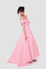 Load image into Gallery viewer, Isla Coral Pink Jacquard With Gold Floral Patterns Strapless Maxi Dress

