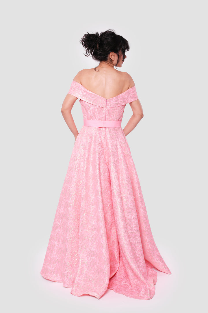Isla Coral Pink Jacquard With Gold Floral Patterns Strapless Maxi Dress