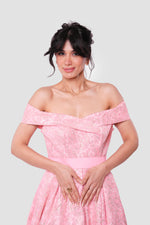 Load image into Gallery viewer, Isla Coral Pink Jacquard With Gold Floral Patterns Strapless Maxi Dress
