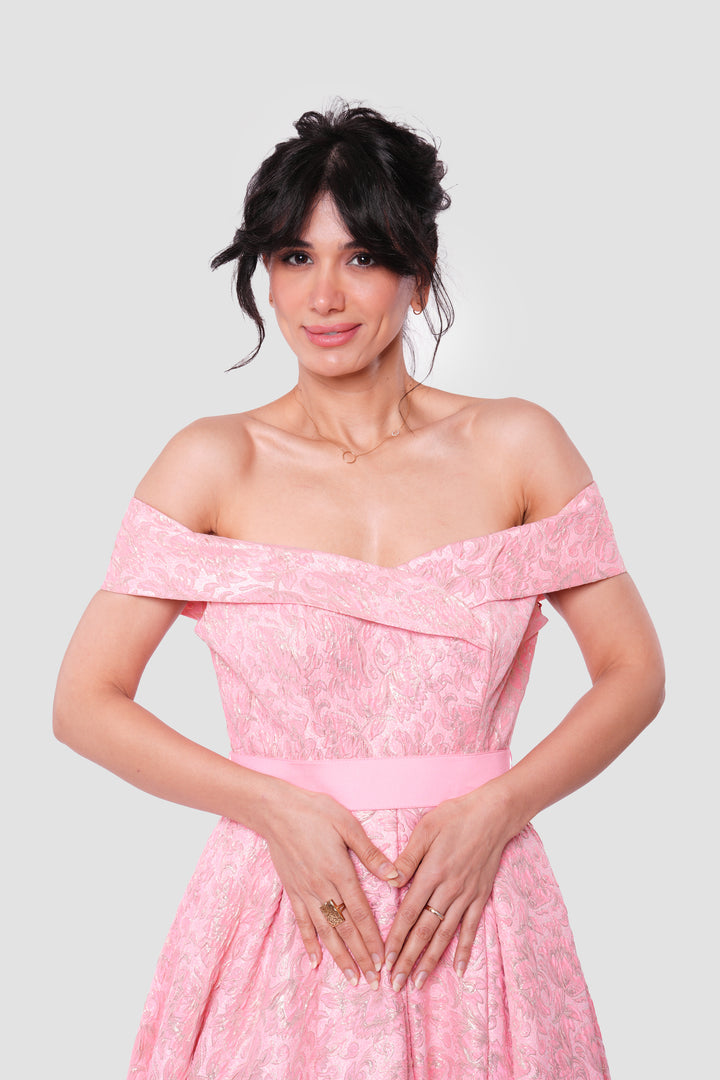 Isla Coral Pink Jacquard With Gold Floral Patterns Strapless Maxi Dress