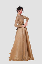 Load image into Gallery viewer, Ava Gold Shimmery High Neck Maxi Dress
