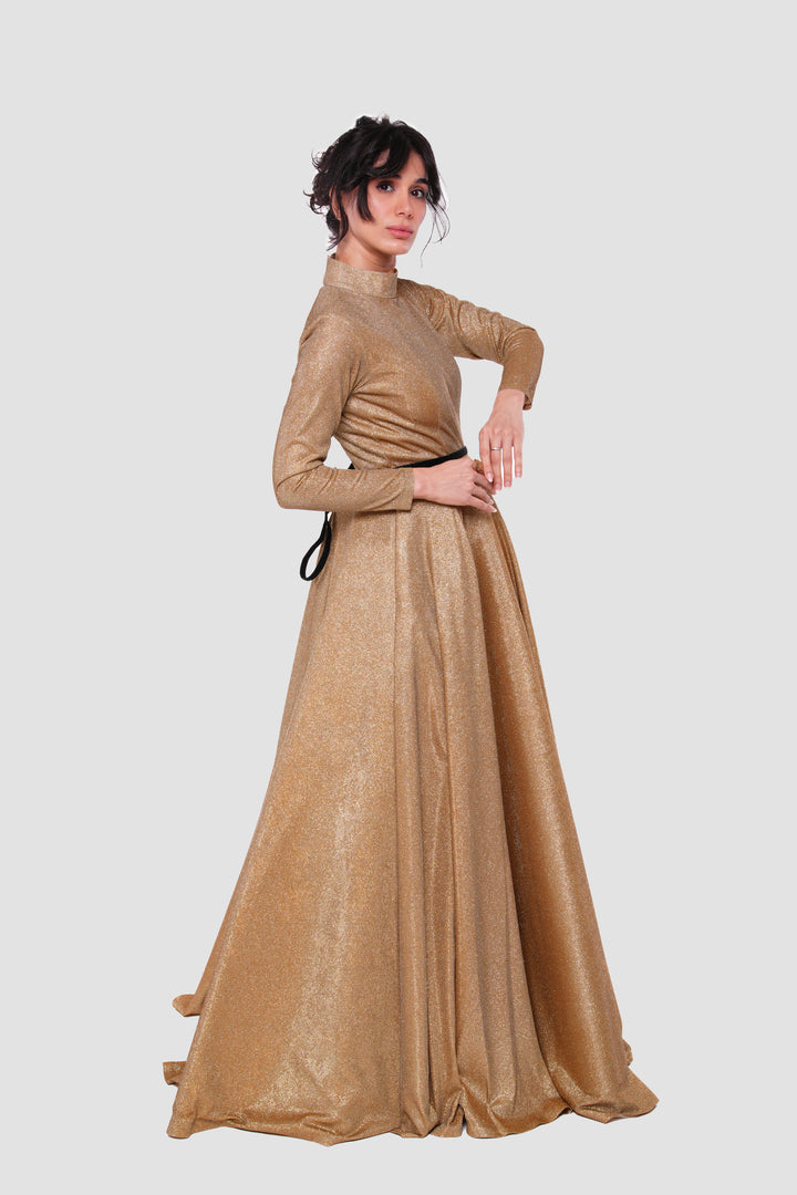 Ava Gold Shimmery High Neck Maxi Dress