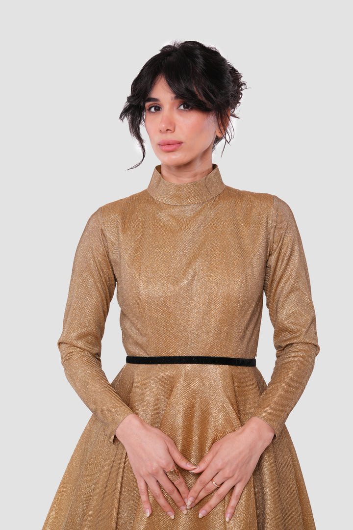 Ava Gold Shimmery High Neck Maxi Dress