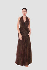 Load image into Gallery viewer, Adeline Bronze-Gold Metallic Tissue Fabric Halter Neck With Deep V-neckline Open Back Dress
