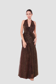 Adeline Bronze-Gold Metallic Tissue Fabric Halter Neck With Deep V-neckline Open Back Dress