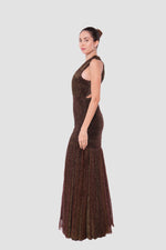 Load image into Gallery viewer, Adeline Bronze-Gold Metallic Tissue Fabric Halter Neck With Deep V-neckline Open Back Dress
