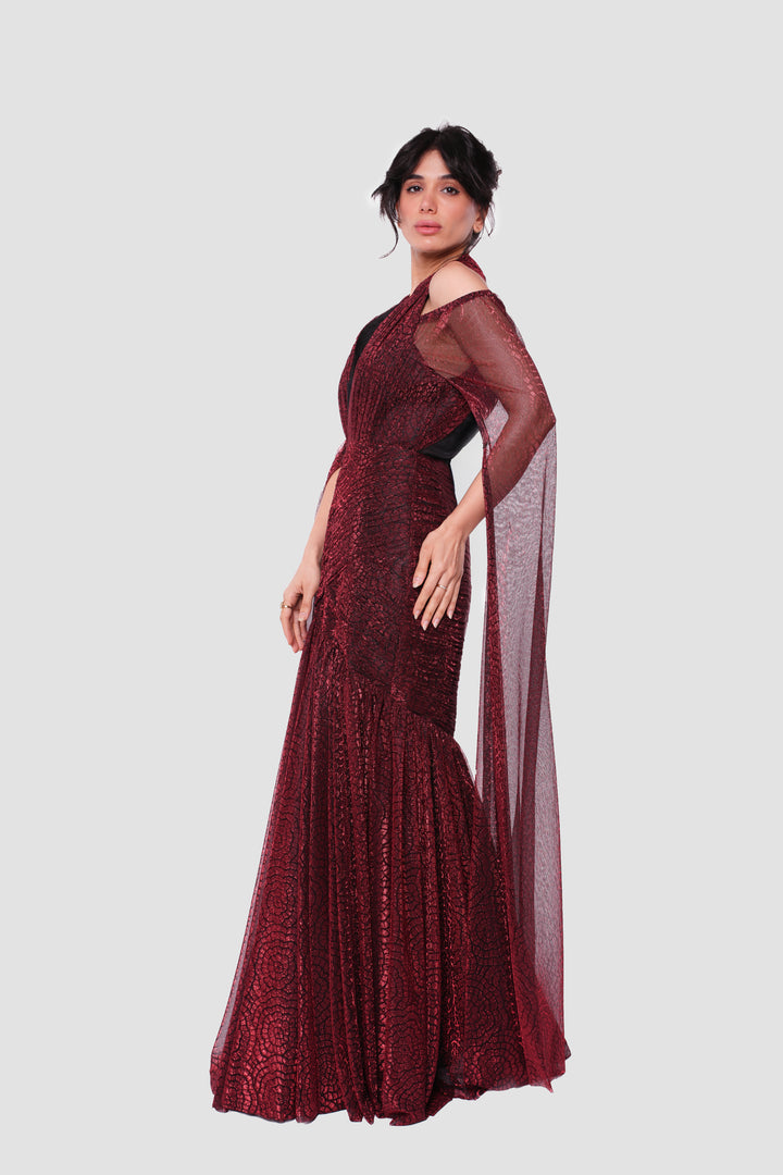 Valentina Deep Red Metallic Tissue Fabric With Sheer Sleeves Maxi Dress Valentina Deep Red Metallic Tissue Fabric With Sheer Sleeves Maxi Dress