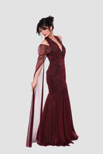 Load image into Gallery viewer, Valentina Deep Red Metallic Tissue Fabric With Sheer Sleeves Maxi Dress
