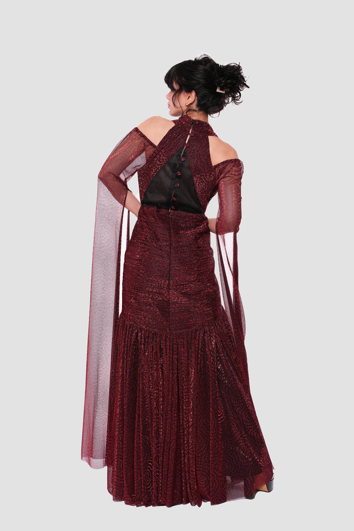 Valentina Deep Red Metallic Tissue Fabric With Sheer Sleeves Maxi Dress