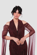 Load image into Gallery viewer, Valentina Deep Red Metallic Tissue Fabric With Sheer Sleeves Maxi Dress

