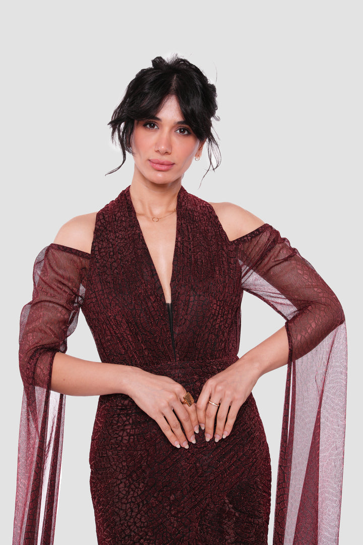 Valentina Deep Red Metallic Tissue Fabric With Sheer Sleeves Maxi Dress