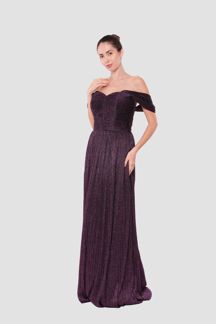 Grace Black Metallic Pleated Tissue Off-shoulder Gown