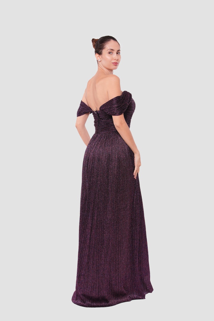 Grace Black Metallic Pleated Tissue Off-shoulder Gown