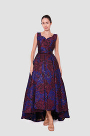 Cassandra Maroon And Dark Blue Brocade Sleeveless Gown