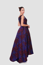 Load image into Gallery viewer, Cassandra Maroon And Dark Blue Brocade Sleeveless Gown
