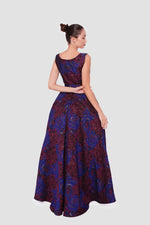 Load image into Gallery viewer, Cassandra Maroon And Dark Blue Brocade Sleeveless Gown
