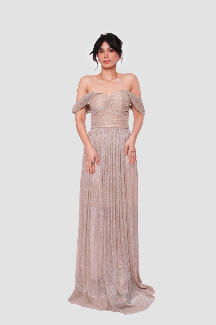 Grace Black Metallic Pleated Tissue Off-shoulder Gown