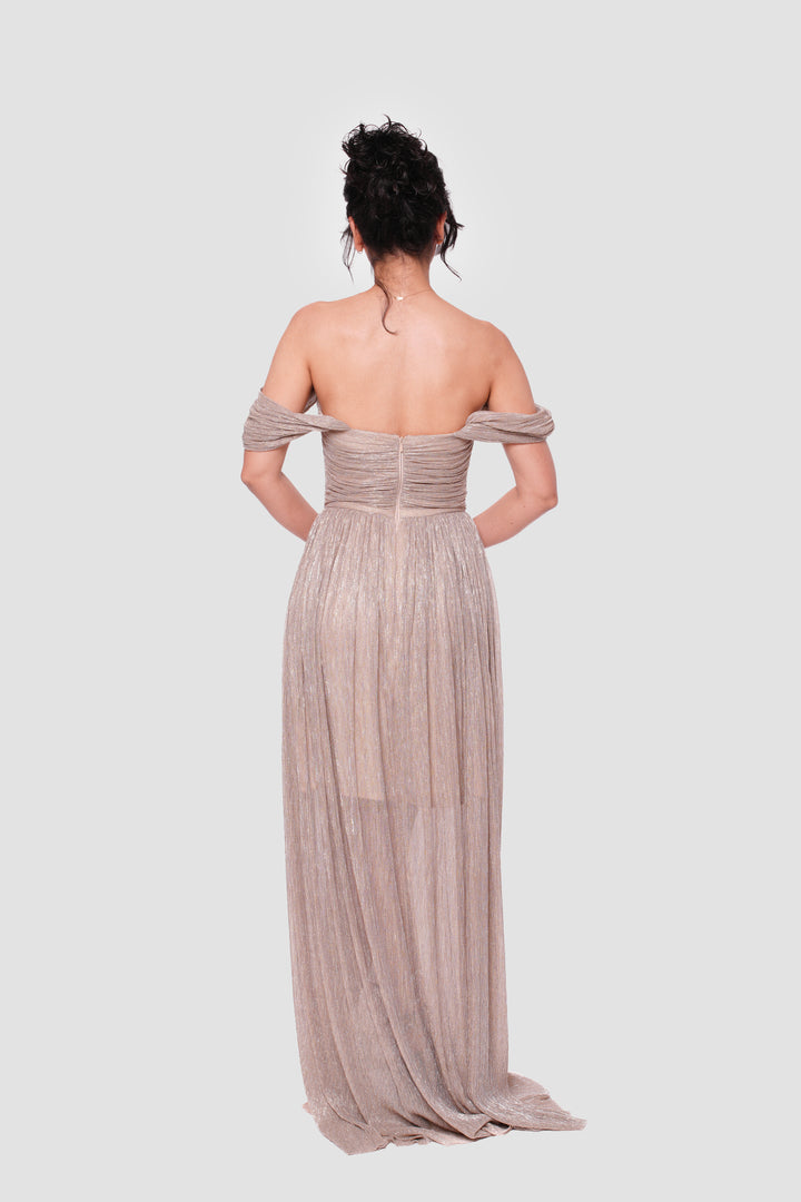 Grace Black Metallic Pleated Tissue Off-shoulder Gown