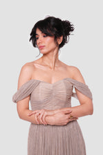 Load image into Gallery viewer, Grace Black Metallic Pleated Tissue Off-shoulder Gown
