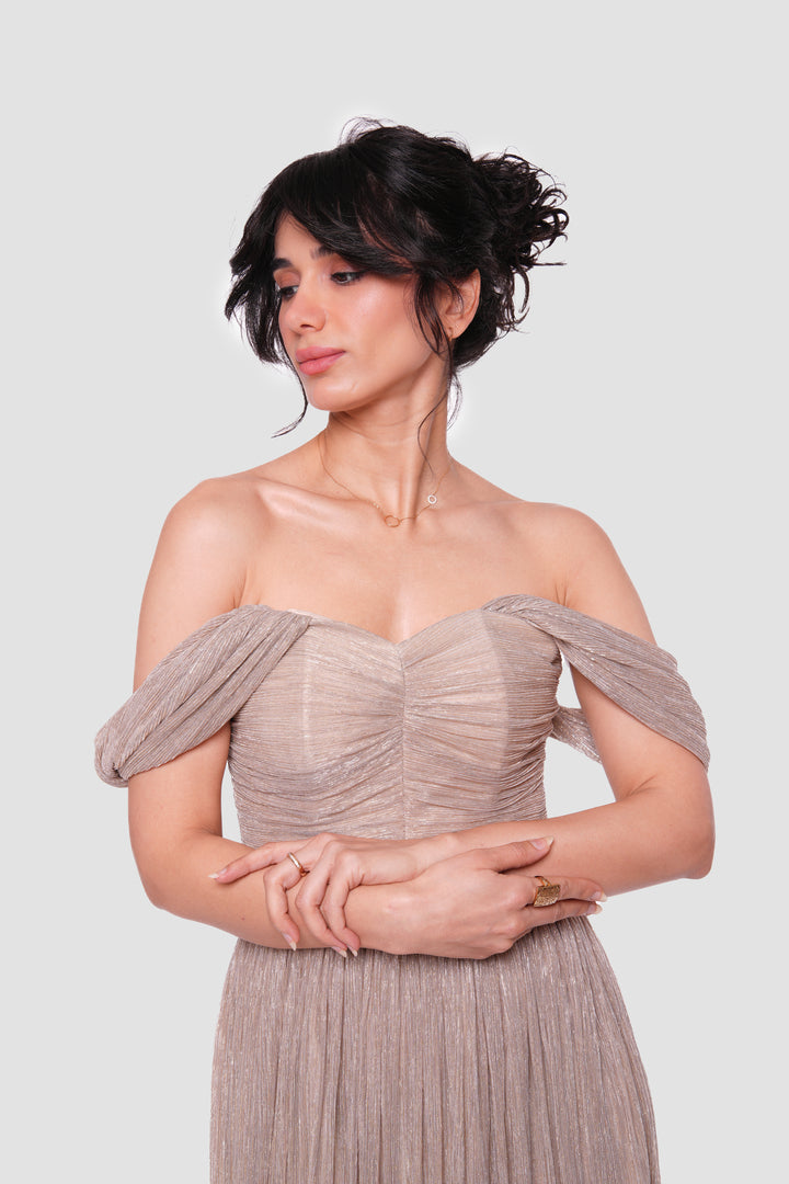 Grace Black Metallic Pleated Tissue Off-shoulder Gown