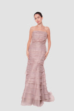 Load image into Gallery viewer, Isabella Taupe Beige Strapless With Layered Ruffles Maxi Dress
