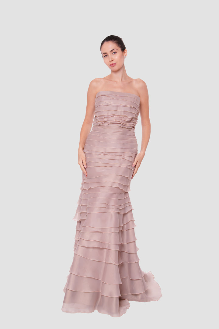 Isabella Taupe Beige Strapless With Layered Ruffles Maxi Dress