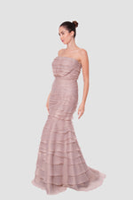 Load image into Gallery viewer, Isabella Taupe Beige Strapless With Layered Ruffles Maxi Dress

