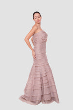 Load image into Gallery viewer, Isabella Taupe Beige Strapless With Layered Ruffles Maxi Dress
