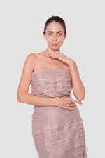 Load image into Gallery viewer, Isabella Taupe Beige Strapless With Layered Ruffles Maxi Dress
