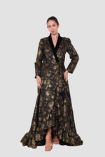 Load image into Gallery viewer, Athena Black And Gold Brocade And Velvet Maxi Dress With Deep V-neckline
