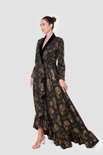 Load image into Gallery viewer, Athena Black And Gold Brocade And Velvet Maxi Dress With Deep V-neckline
