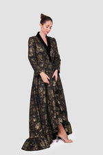 Load image into Gallery viewer, Athena Black And Gold Brocade And Velvet Maxi Dress With Deep V-neckline
