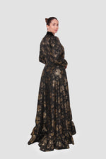 Load image into Gallery viewer, Athena Black And Gold Brocade And Velvet Maxi Dress With Deep V-neckline
