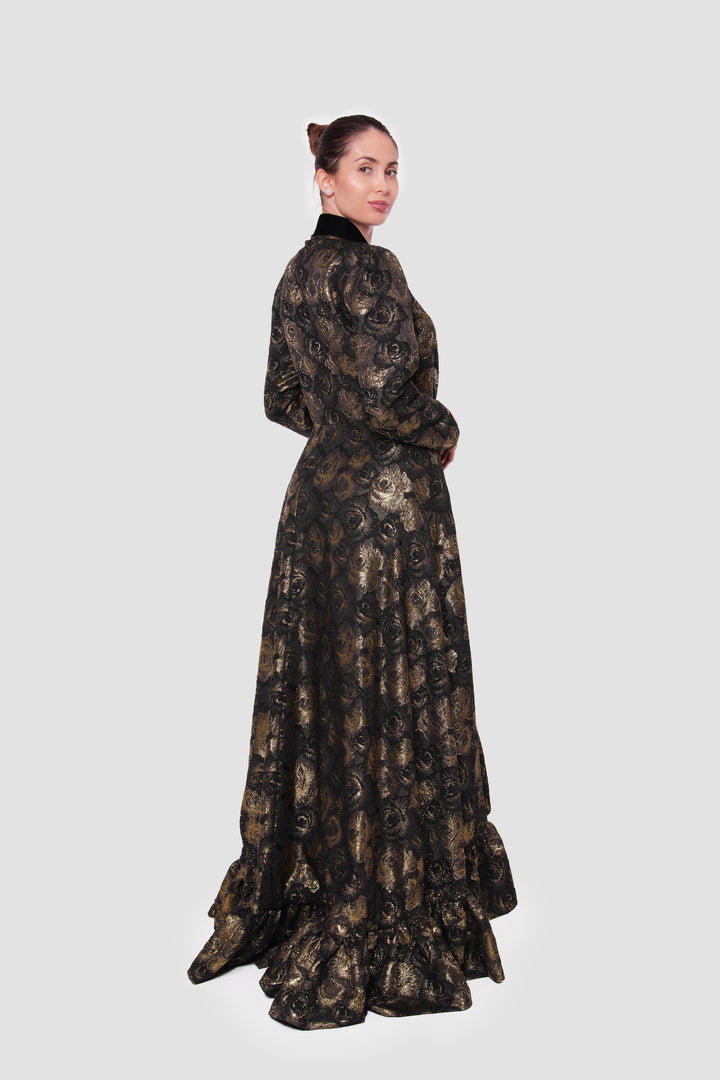 Athena Black And Gold Brocade And Velvet Maxi Dress With Deep V-neckline