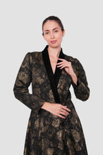 Load image into Gallery viewer, Athena Black And Gold Brocade And Velvet Maxi Dress With Deep V-neckline
